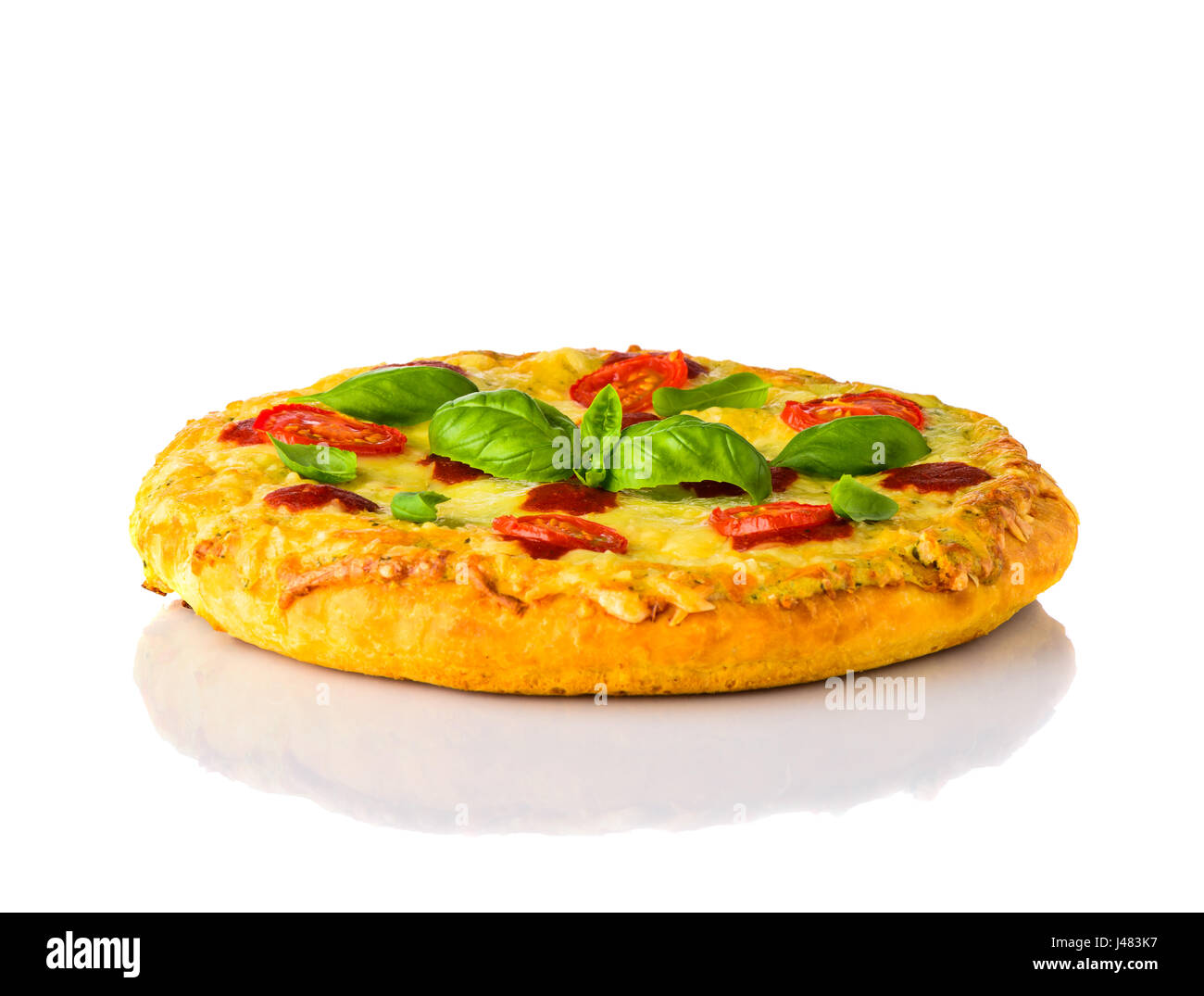 Pizza Margherita with Cheese, Tomato and Basil Isolated on White Background Stock Photo