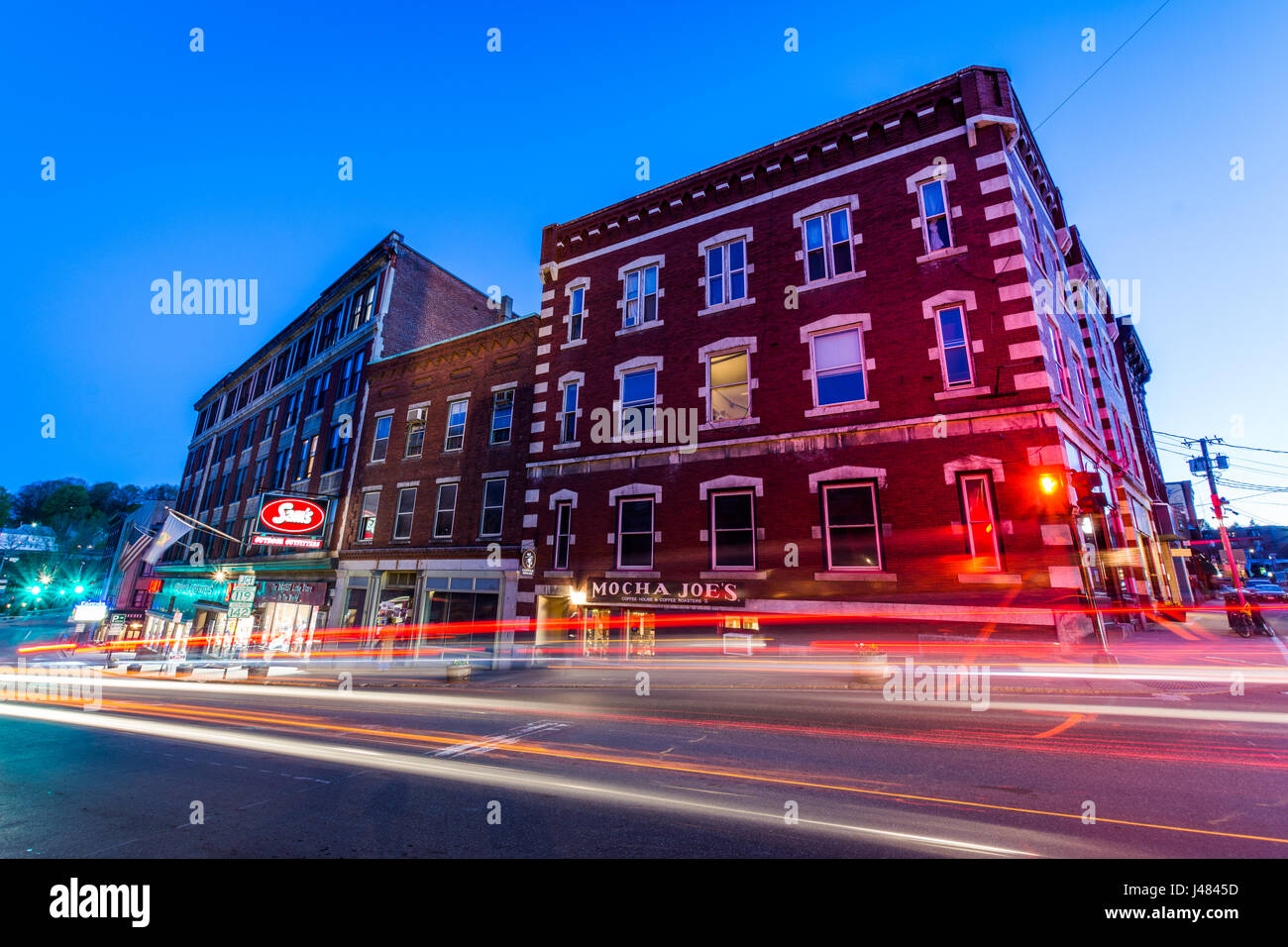 Small Cozy Downtown of Brattleboro, Vermont at Night Stock Photo