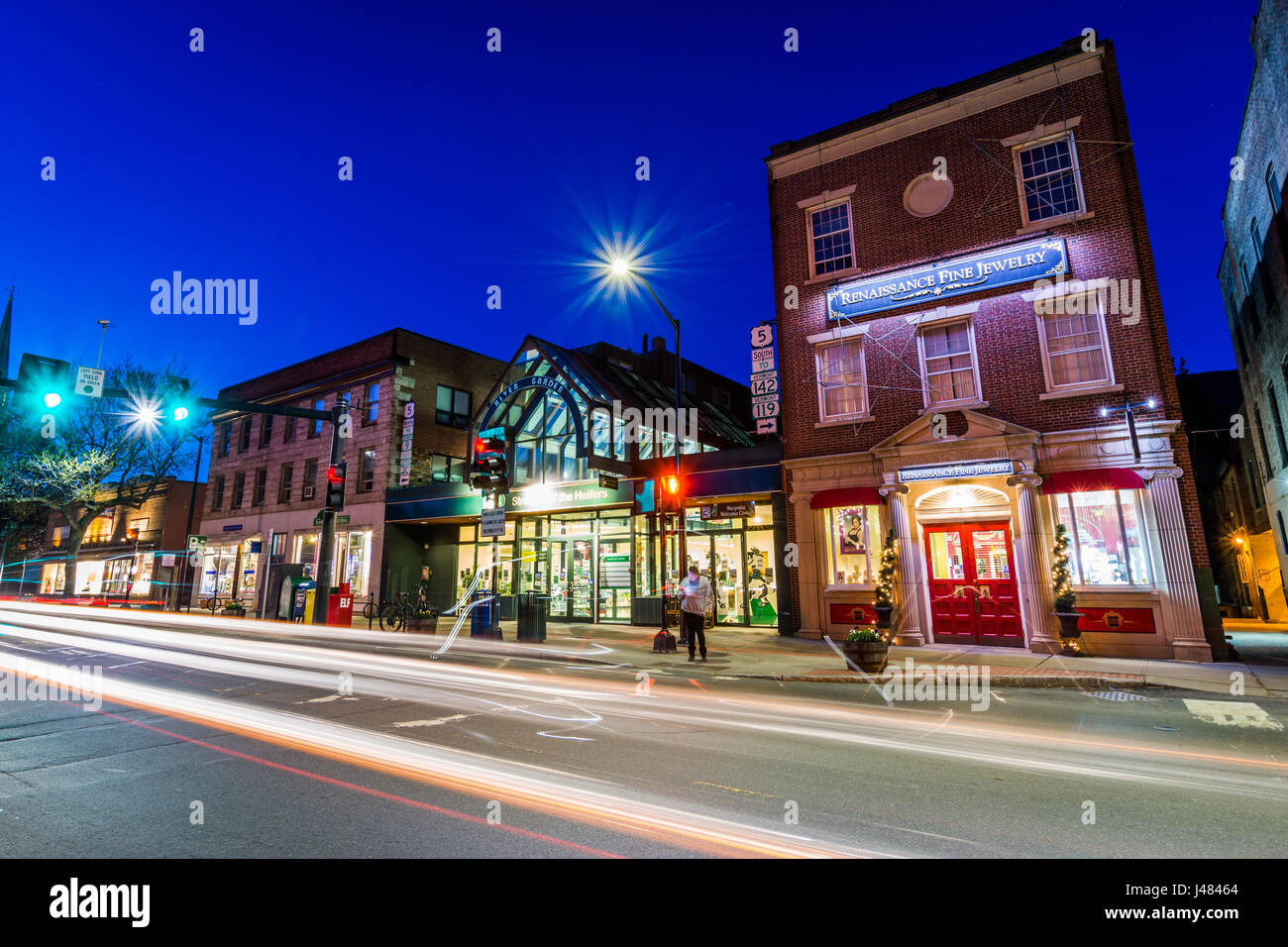 Small Cozy Downtown of Brattleboro, Vermont at Night Stock Photo