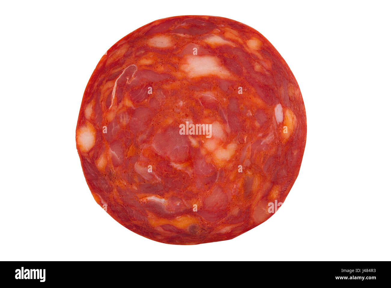 top view macro detail of pork chorizo salami sausage slice texture isolated on white background