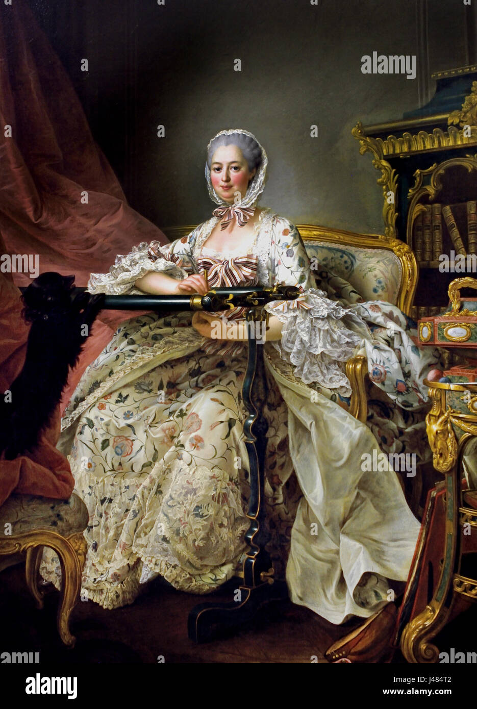 Madame de Pompadour at her Tambour Frame 1763-4, François Hubert Drouais 1727 - 1775 France  French (Madame de Pompadour was the long-standing mistress of King Louis XV of France )  Antoine Pâris1724, Hyacinthe Rigaud  1659 - 1743 France  French Stock Photo