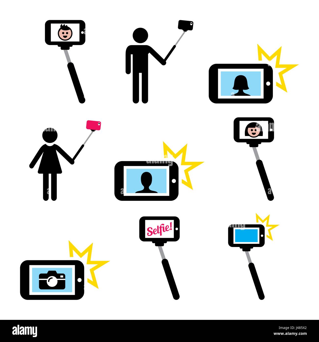 Selfie stick with mobile or cell phone icons set Stock Vector Image ...