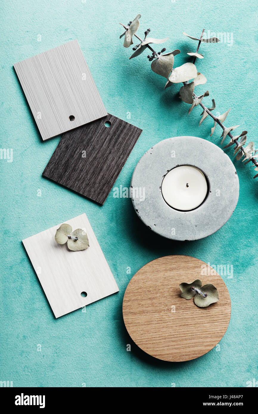 Flat lay interior decor objects for a color scheme mood board Stock Photo