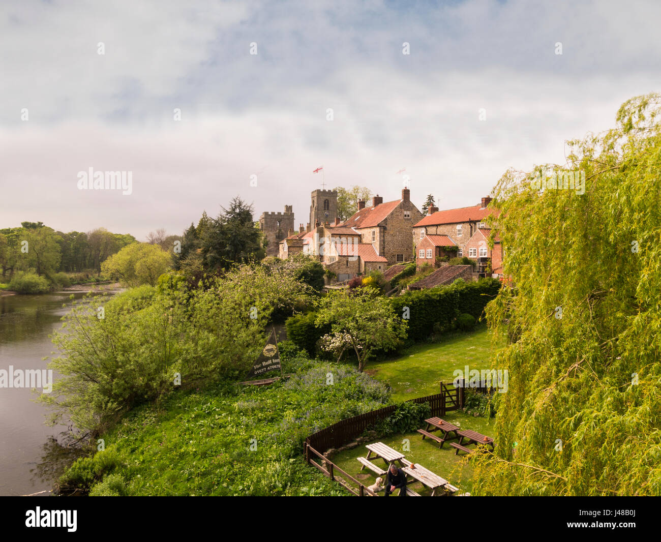 View West Tanfield village St Nicholas Church and Marmion Tower along