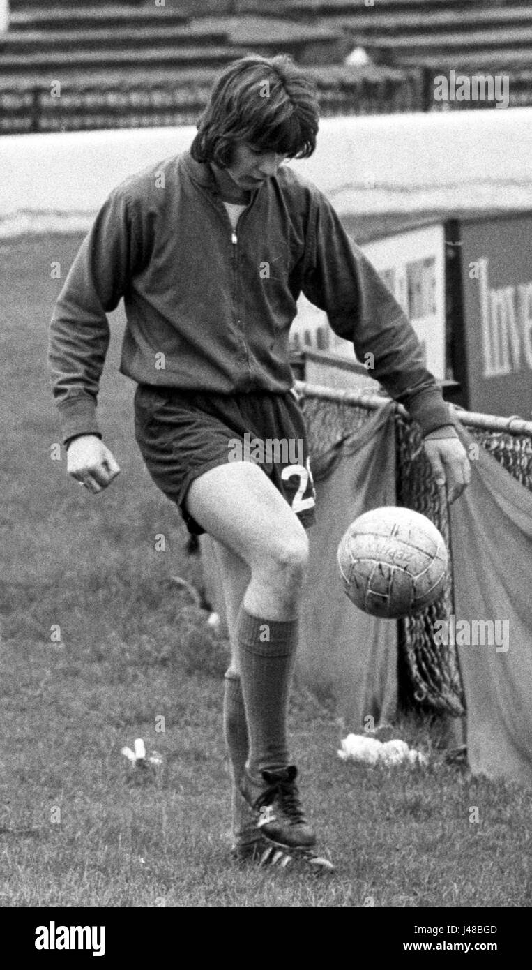 Eighteen-year-old Chelsea star Alan Hudson as he trains alone at the club's Stamford Bridge ground in London. Stock Photo