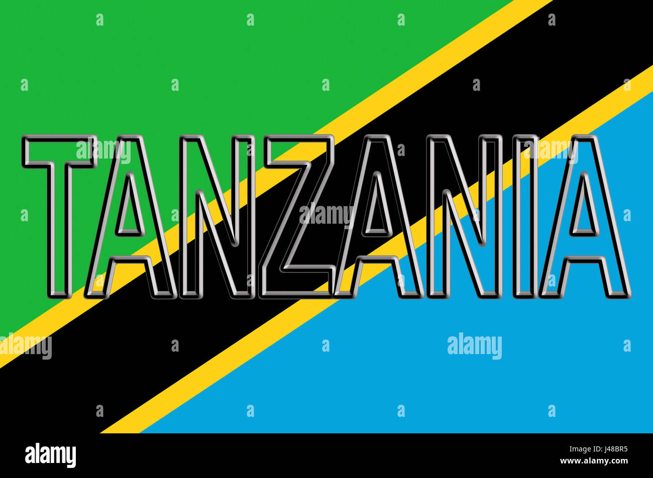 Illustration of the national flag of Tanzania with the country written on the flag. Stock Photo