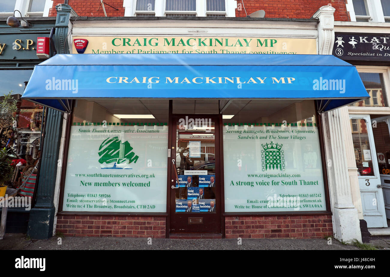 A view of the constituency office of Craig Mackinlay in Broadstairs, Kent, whose file remains under consideration after the Crown Prosecution Service announced no criminal charges are to be brought against Conservative MPs or officials in relation to allegations of spending irregularities in the 2015 general election campaign. Stock Photo