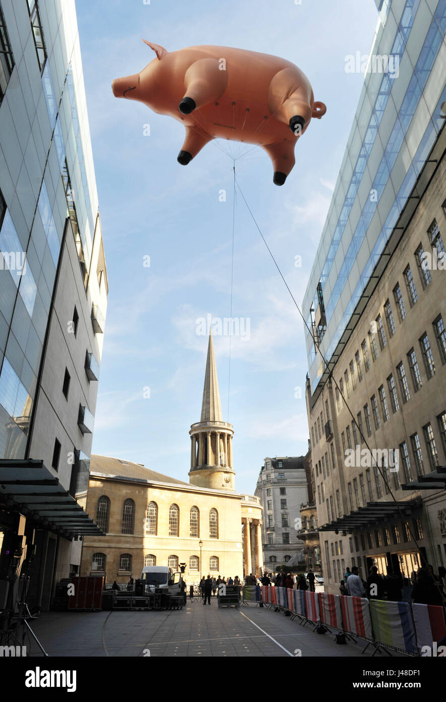 Algie the inflatable pig outside BBC Broadcasting House in London, to publicise the Pink Floyd Exhibition: Their Mortal Remains, which runs from May 13 to October 1 2017 at the V&A in London. Stock Photo