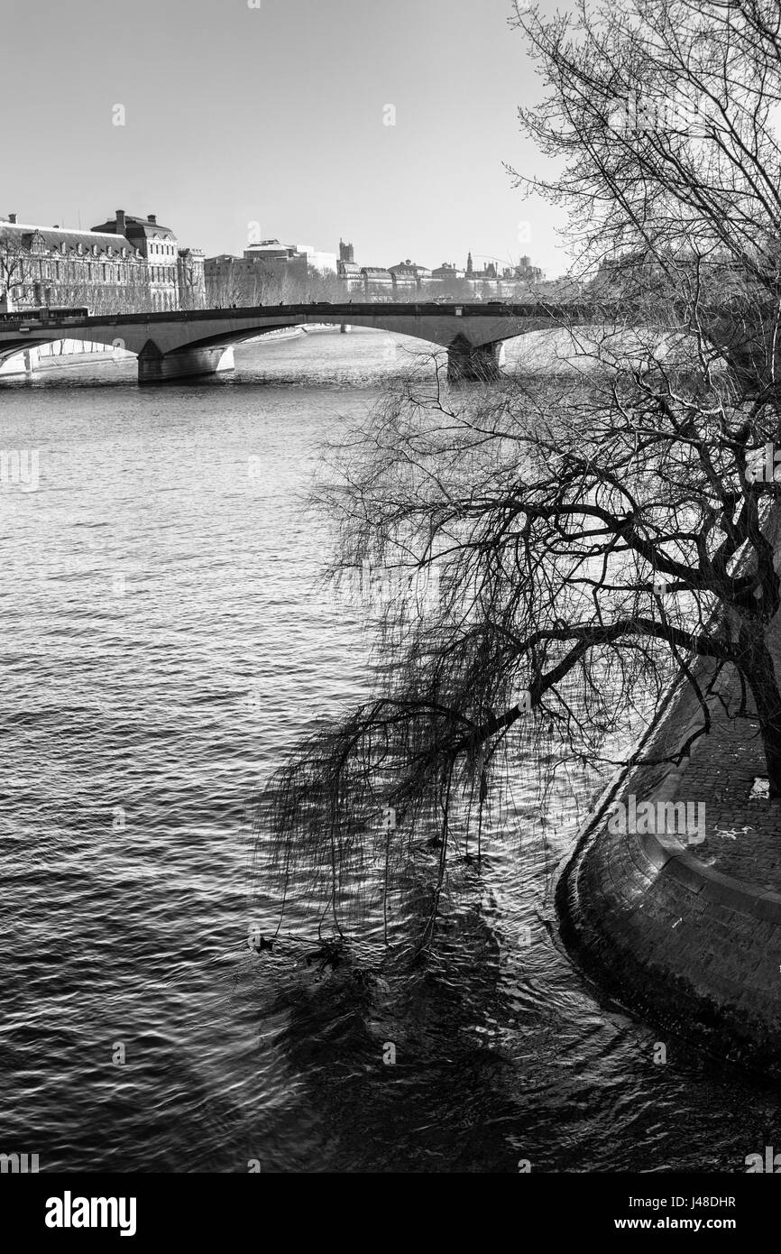 Black and white images of bridges on the Seine river in Paris. Stock Photo