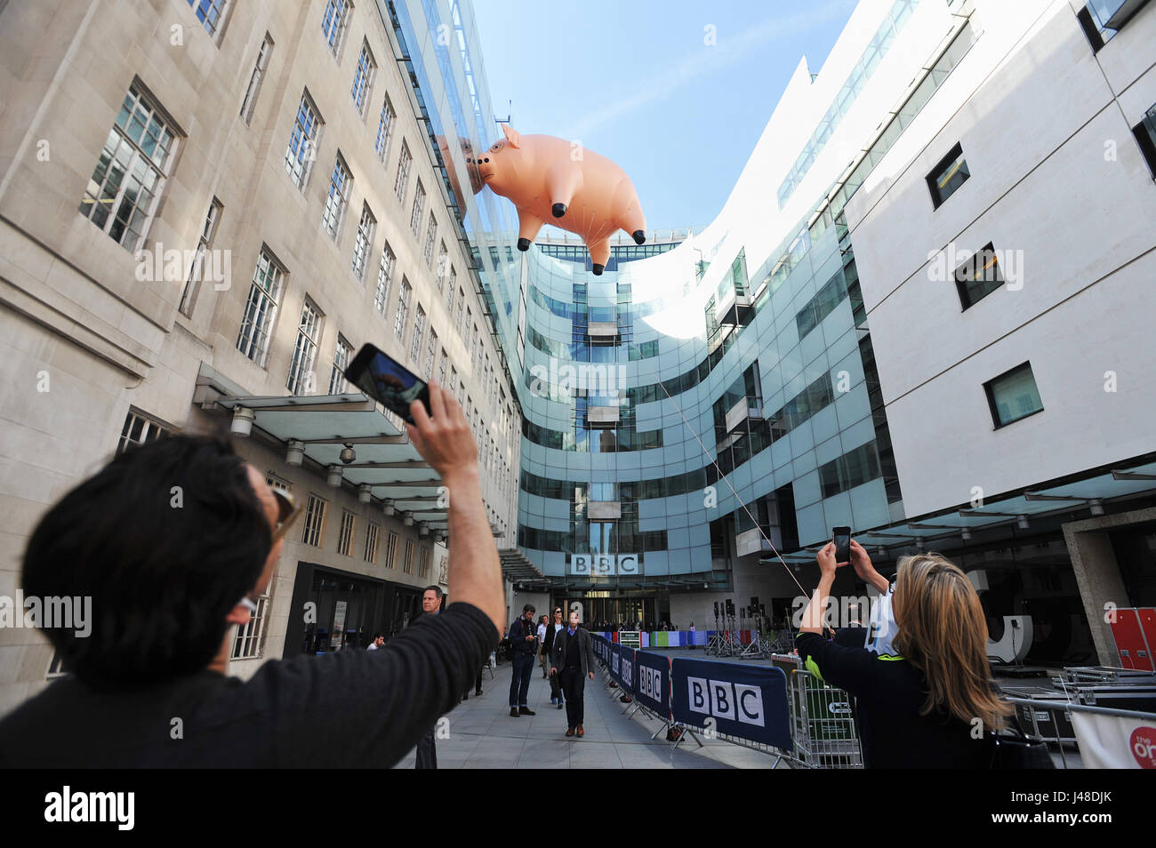 Algie the inflatable pig outside BBC Broadcasting House in London, to publicise the Pink Floyd Exhibition: Their Mortal Remains, which runs from May 13 to October 1 2017 at the V&amp;A in London. Stock Photo