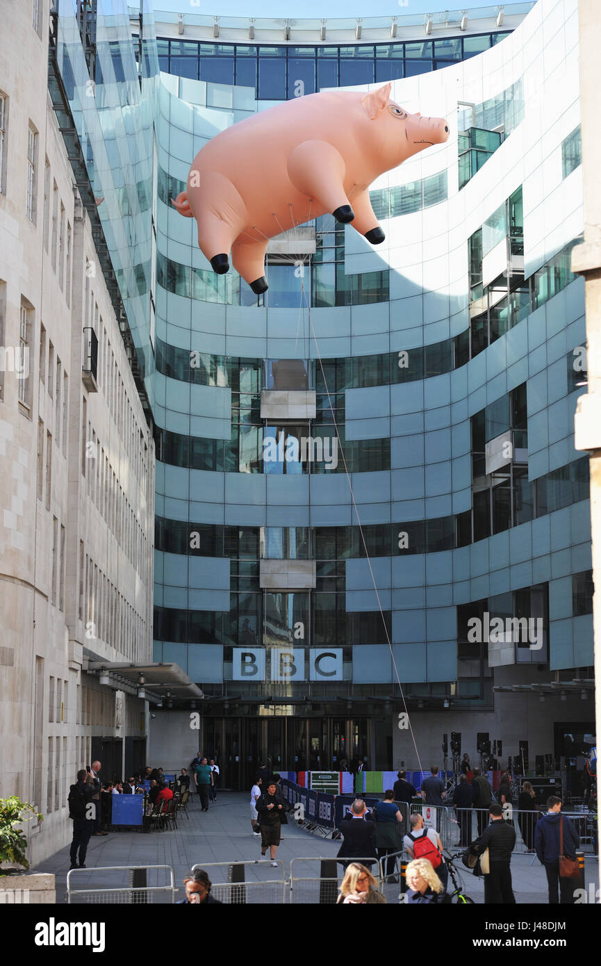 Algie the inflatable pig outside BBC Broadcasting House in London, to publicise the Pink Floyd Exhibition: Their Mortal Remains, which runs from May 13 to October 1 2017 at the V&amp;A in London. Stock Photo