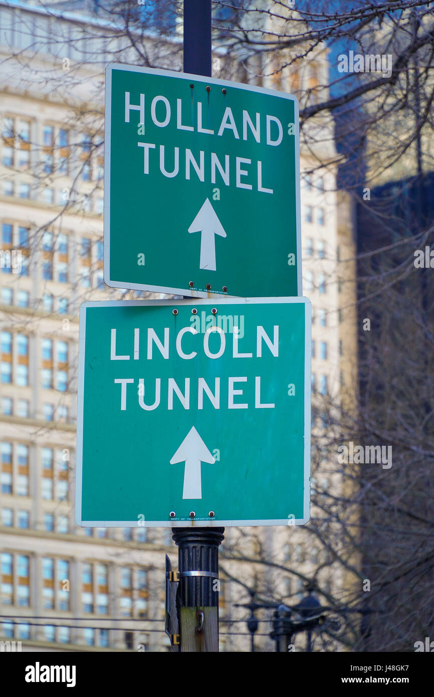 Directions signs to Holland Tunnel and Lincoln Tunnel in Manhattan