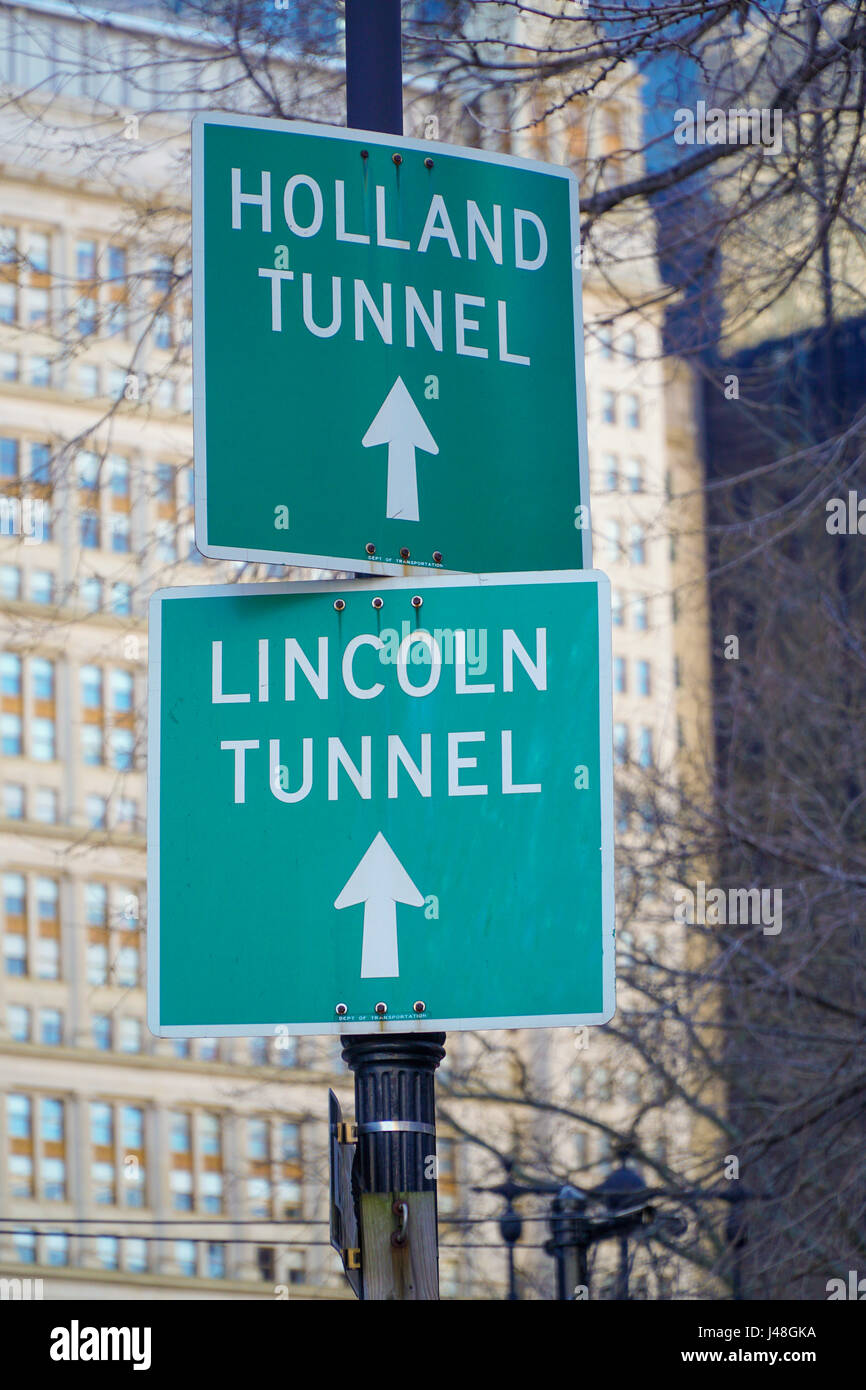 Directions signs to Holland Tunnel and Lincoln Tunnel in Manhattan