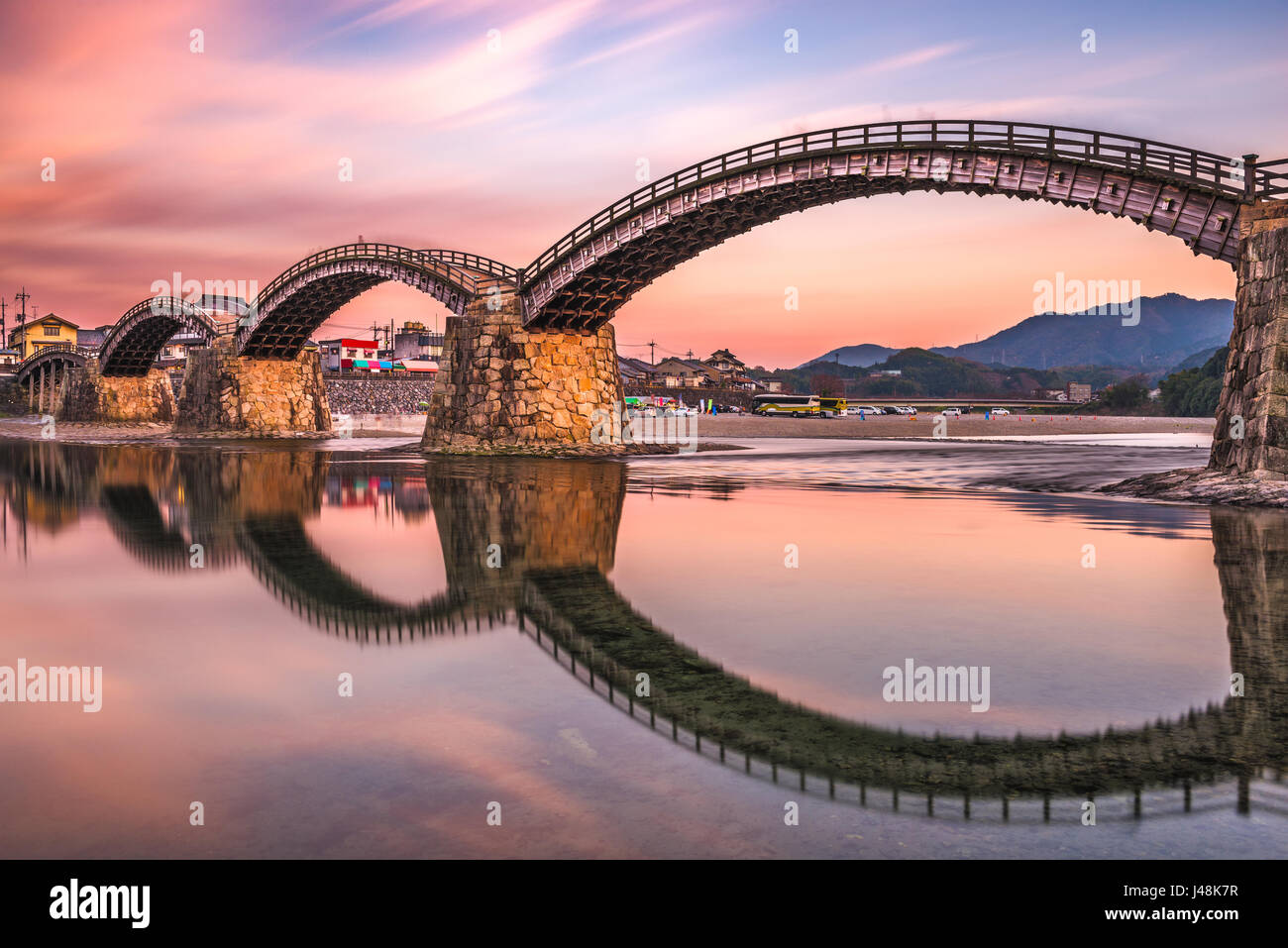 Iwakuni, Hiroshima, Japan at Kintaikyo Bridge at dusk. Stock Photo