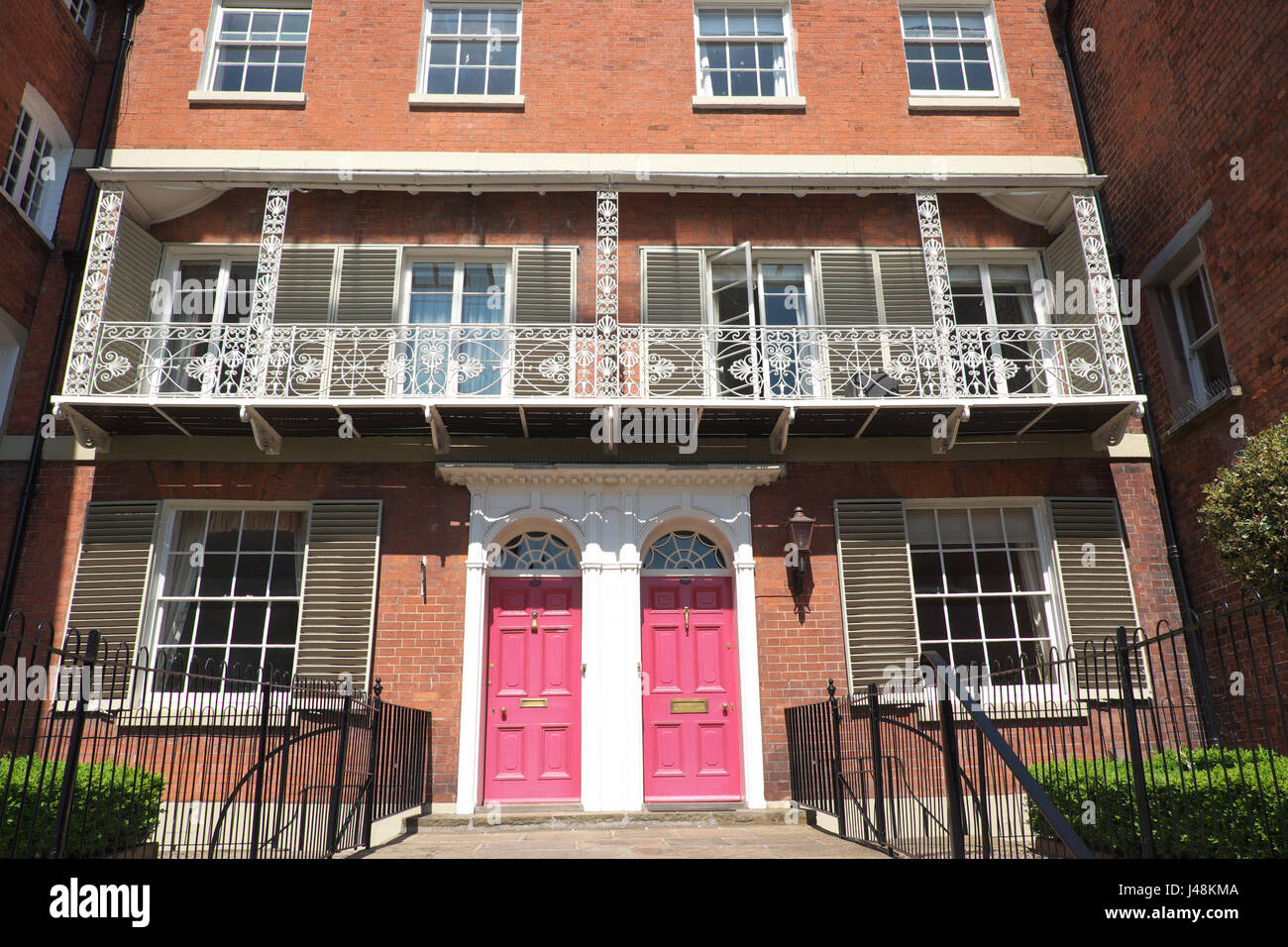 Hereford Herefordshire UK elegant town houses with iron balcony on Castle Street Stock Photo