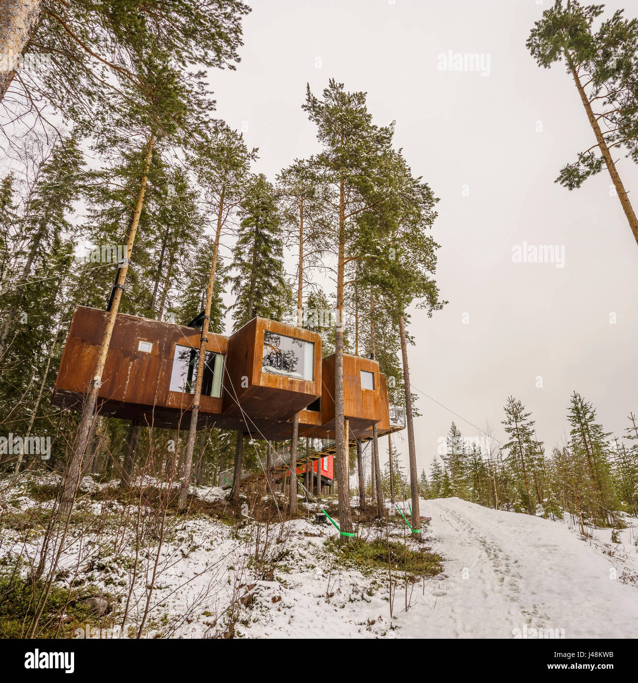 Accommodation in the woods, known as The Dragon Fly at the Tree Hotel in Lapland, Sweden Stock Photo