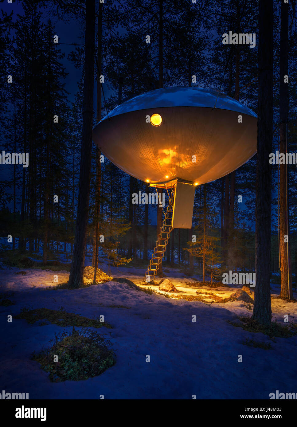 Accommodation in the woods, known as The UFO at the Tree Hotel in Lapland, Sweden Stock Photo