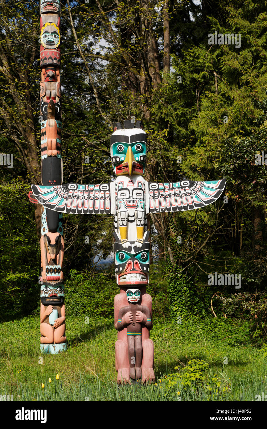 Thunderbird house post at Brockton Point in Stanley Park in Vancouver, Canada. Nine totem poles stand in the park and are British Columbia's most popu Stock Photo