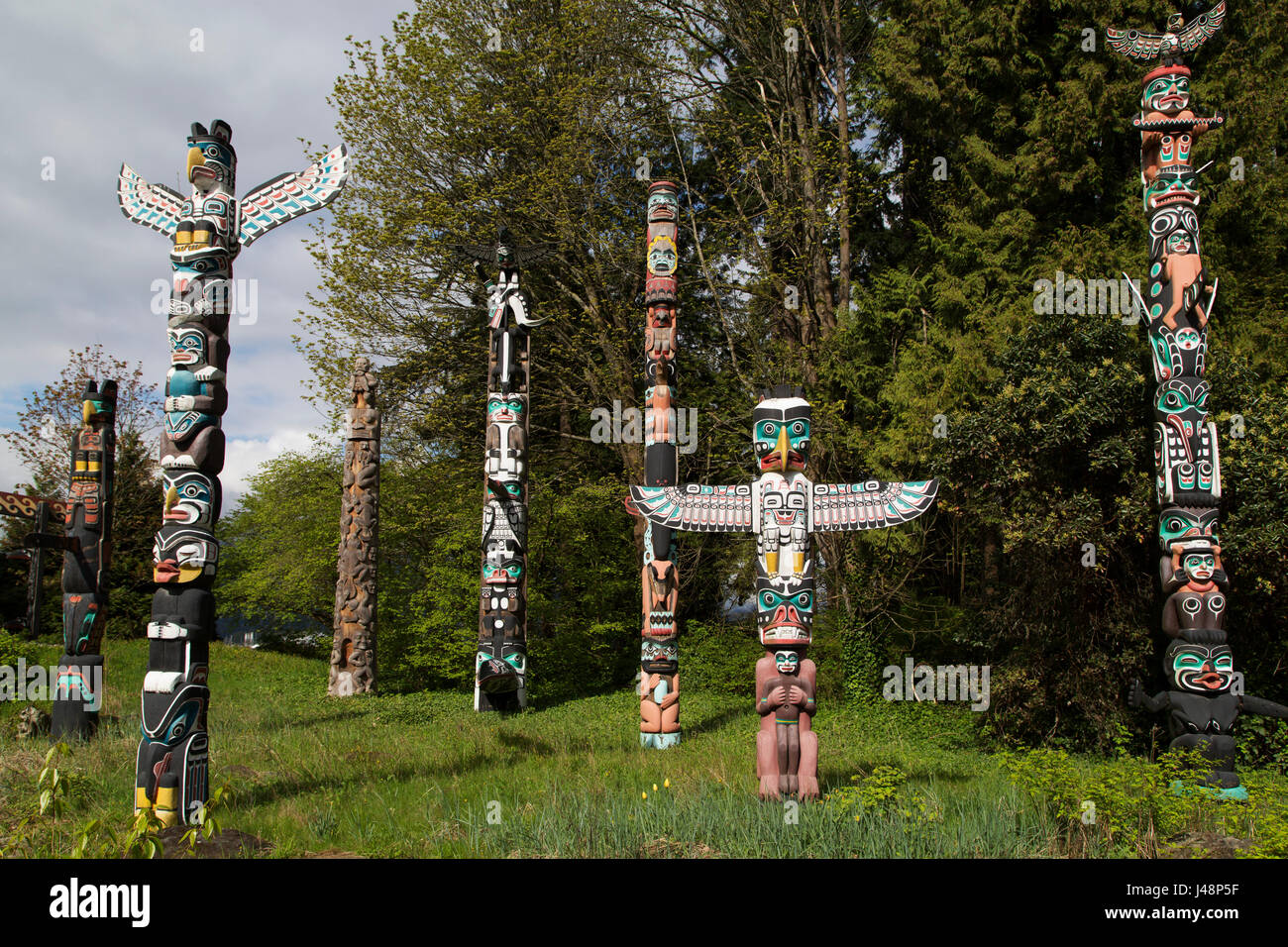 Thunderbird house post at Brockton Point in Stanley Park in Vancouver, Canada. Nine totem poles stand in the park and are British Columbia's most popu Stock Photo