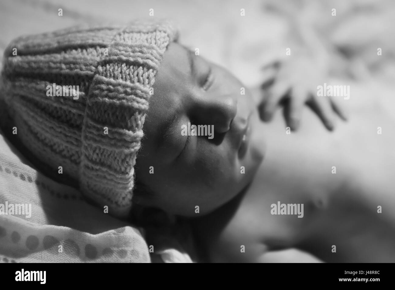 Portrait of a sleeping newborn baby wearing a knit hat; Oregon, United