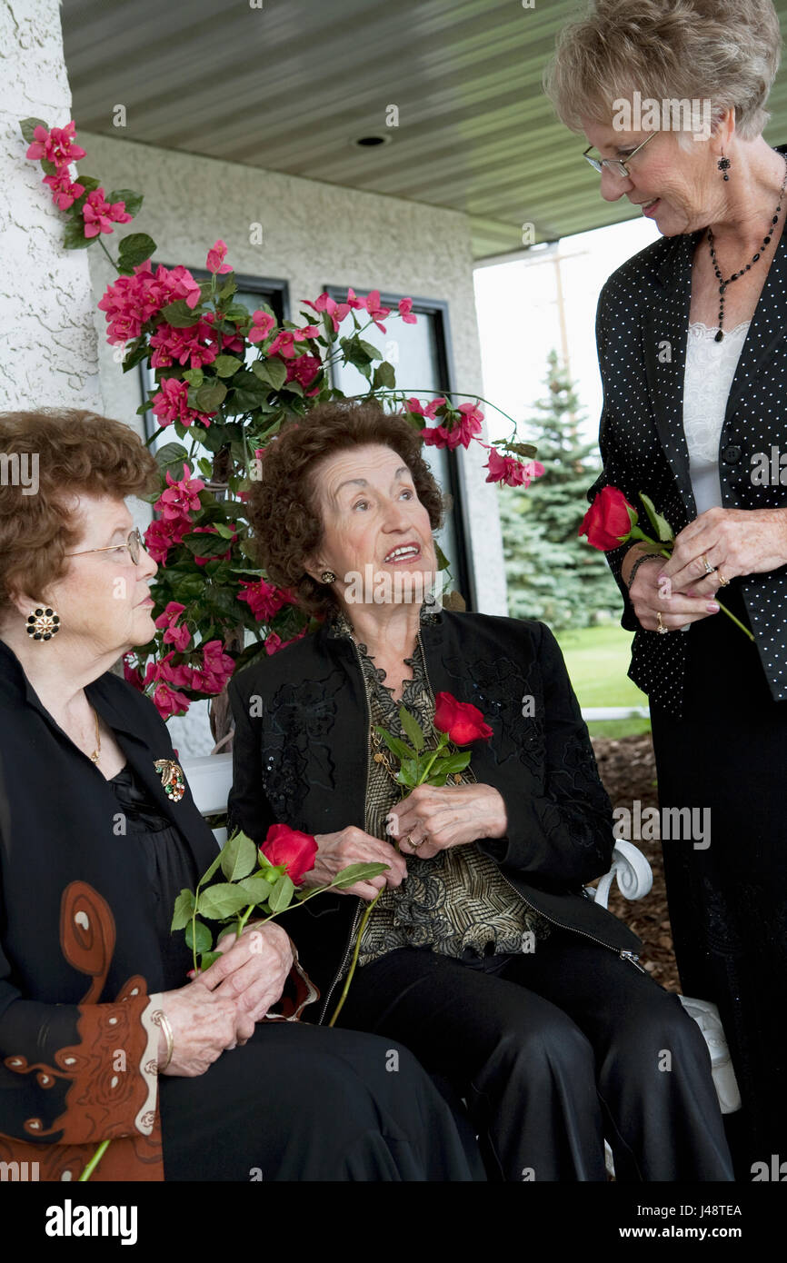 Three Women Talking And Holding Single Red Roses; Edmonton, Alberta ...