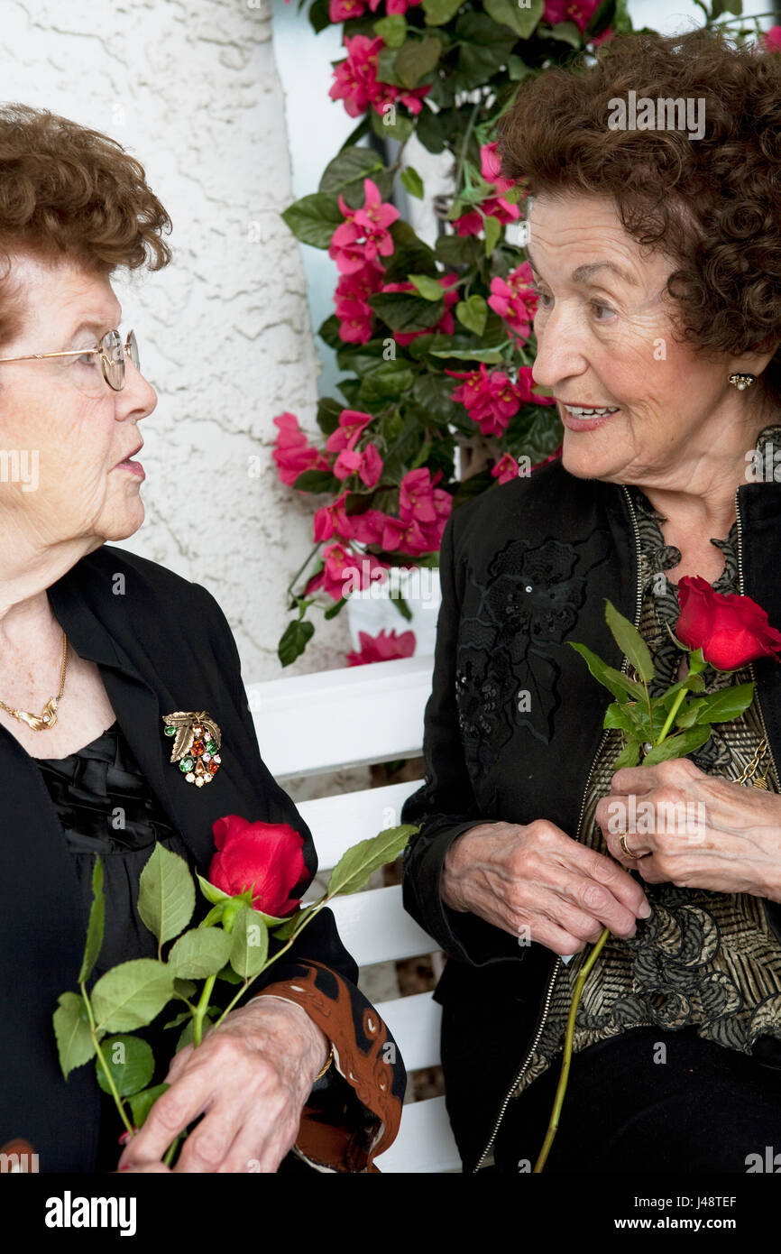 Two Women Talking And Holding Single Red Roses; Edmonton, Alberta ...
