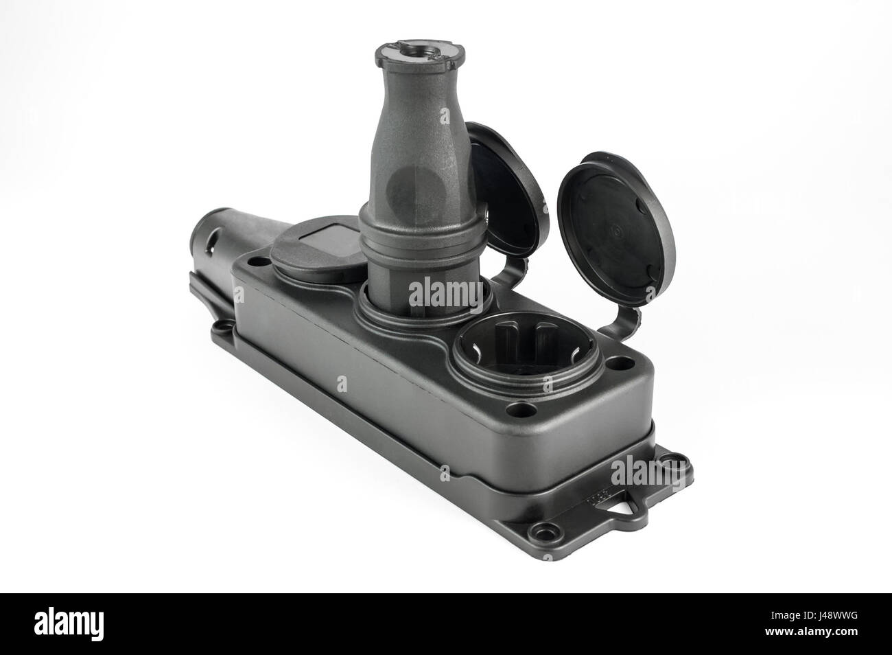 Electrical triple rubber power socket strip with caps and black plug