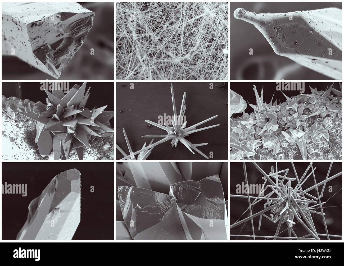 Nanotechnology collage. Crystal and whisker in microscope. Crystallization or solidification process view through the electron microscope with multipl Stock Photo