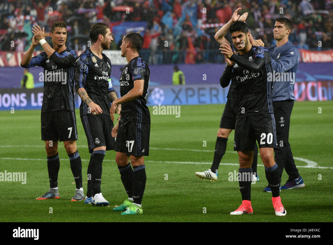 Madrid, Spain. 10th May, 2017. Cristiano Ronaldo (left), Sergio Ramos, Lucas Vazquez and Asensio of Real Madrid celebrate the victory following the UEFA Champions League Semi Final second leg match between Club Atletico de Madrid and Real Madrid CF at Vicente Calderon Stadium. Credit: Jorge Sanz/Pacific Press/Alamy Live News Stock Photo