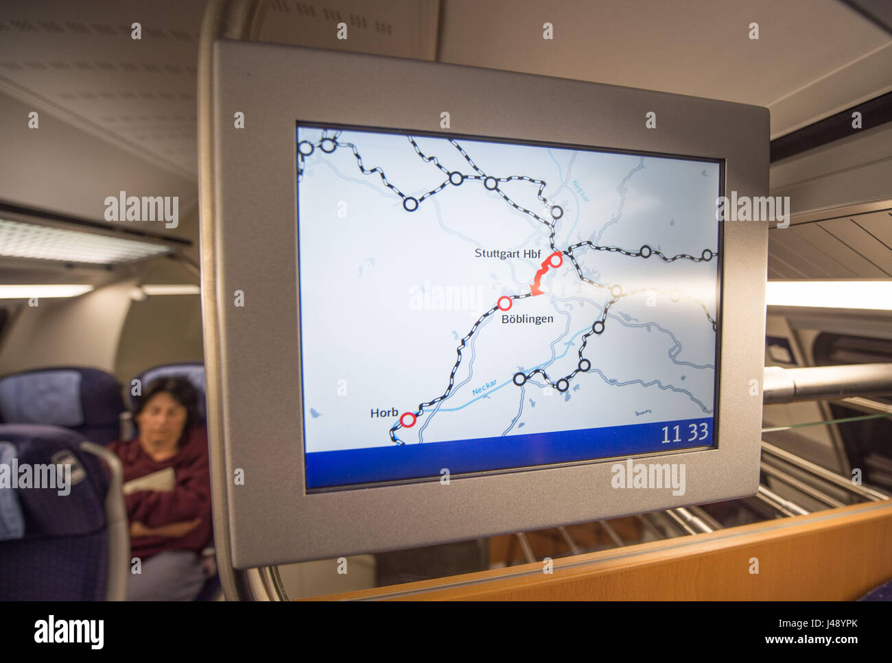 Stuttgart, Germany. 10th May, 2017. A monitor showing the train's route