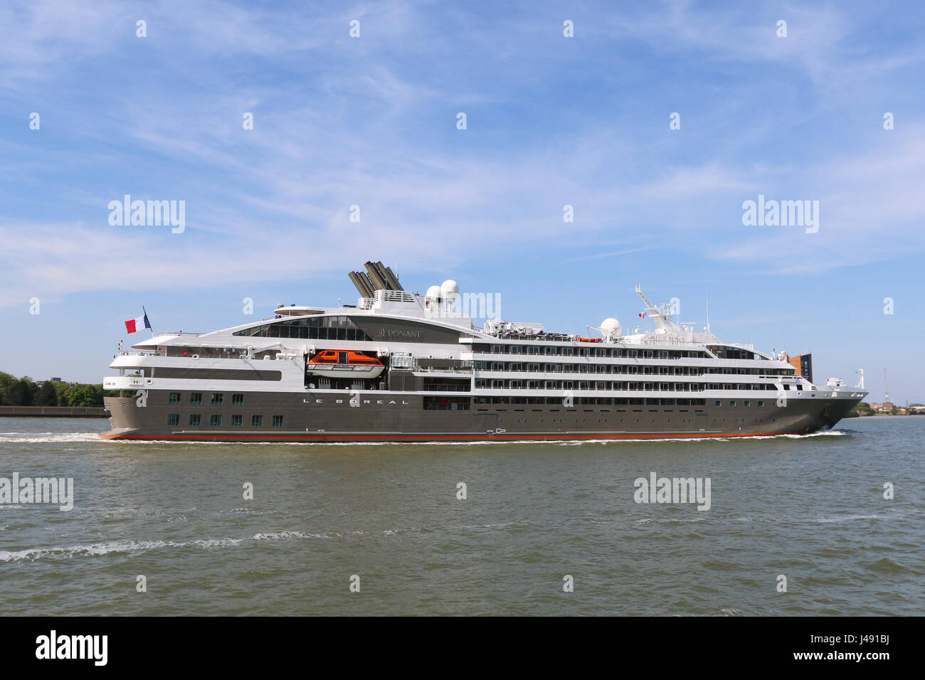 Gravesend, Kent, United Kingdom. 8th May, 2017. French cruise ship Le Boreal pictured passing Gravesend as she sailed up the River Thames towards London today. The grey ship's arrival on a grey day marks the beginning of London's cruise ship season for 2017. Rob Powell/Alamy Live News Stock Photo