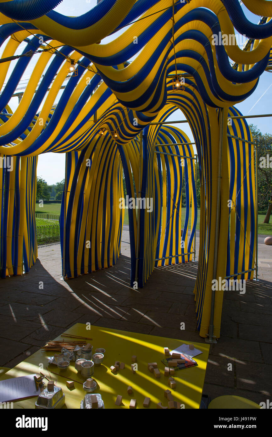 Pump House Gallery, Battersea Park, London UK. 10th May 2017. Colourful Pump House Pavilion, a partnership between St. William and Wandsworth Council forming part of the cultural development programme for the Nine Elms District. Architects NEON and structural engineers Elliott Wood have collaborated with pupils from Chestnut Grove Academy in Balham to conceive, design and programme the structure. Credit: Malcolm Park editorial/Alamy Live News. Stock Photo