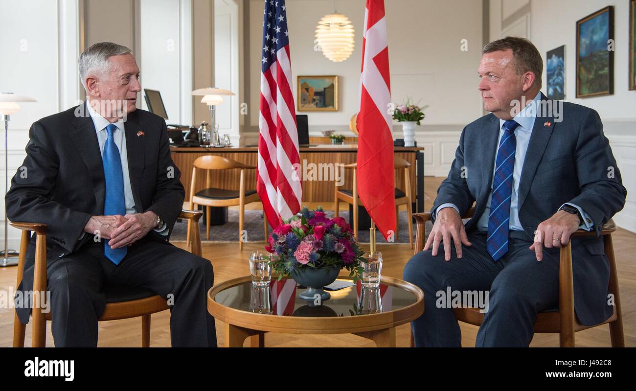 U.S. Secretary of Defense Jim Mattis, left, during a bilateral meeting with Danish Prime Minister Lars Løkke Rasmussen at the Christiansborg Palace May 9, 2017 in Copenhagen, Denmark. Stock Photo