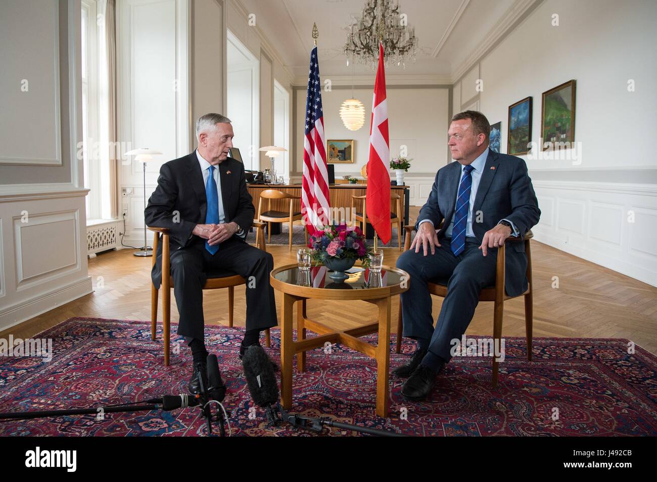 U.S. Secretary of Defense Jim Mattis, left, during a bilateral meeting with Danish Prime Minister Lars Løkke Rasmussen at the Christiansborg Palace May 9, 2017 in Copenhagen, Denmark. Stock Photo