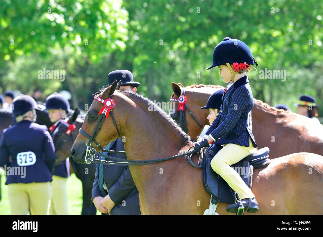 Windsor, UK. 10th May, 2017. Gracie Aungier 7 years old, waiting to ride her pony Broadgrove Littlestar to be judged in the Arena who later together came Second in the Part Bred and Anglo Arabs, 148 cm and under, in the Adelaide Arena on a glorious sunny - Day 1 of the Royal Windsor Horse Show in the Windsor Castle Grounds Berkshire UK. Credit Gary Blake/Alamy Live News Stock Photo