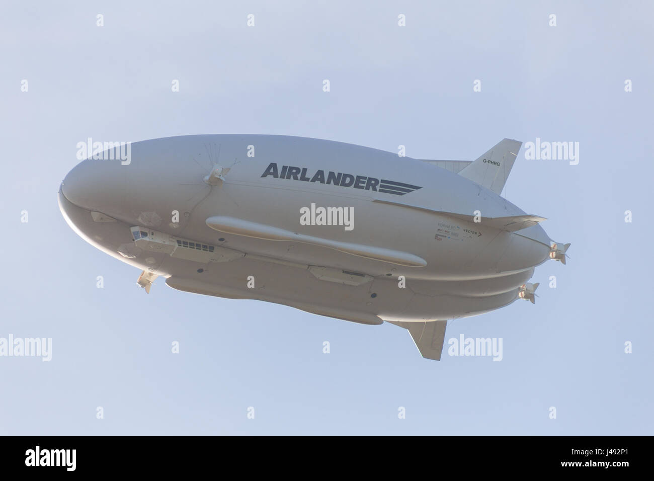 Cardington, Bedfordshire, UK. 10th May, 2017. The Hybrid Air Vehicles Airlander 10 begins it's 2017 flight test programme. Taking off at 17.25 in calm dry weather with sunshine and little cloud as it practiced simulated landings above Cardington Photo Credit: Mick Flynn/Alamy Live News Stock Photo