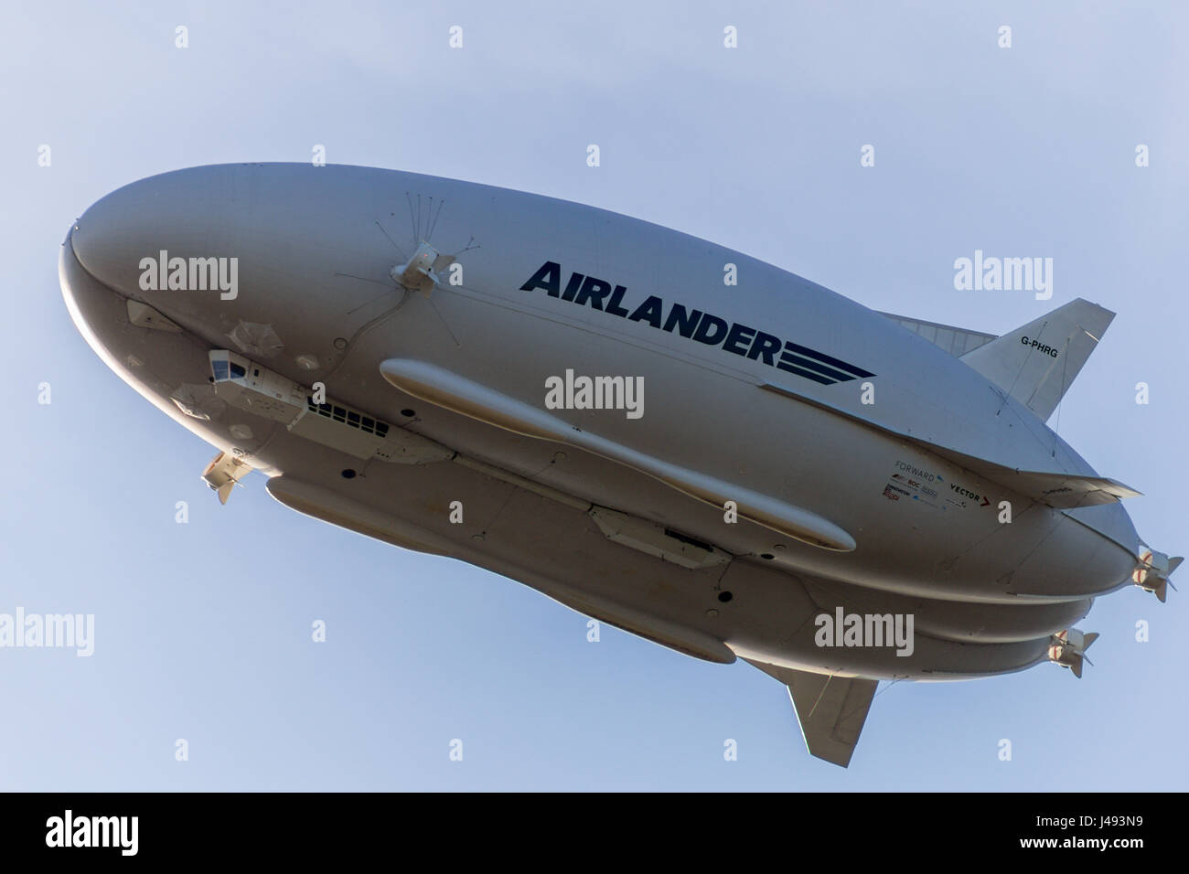 Cardington, Bedfordshire, UK. 10th May, 2017. The Hybrid Air Vehicles Airlander 10 begins it's 2017 flight test programme. Taking off at 17.25 in calm dry weather with sunshine and little cloud as it practiced simulated landings above Cardington Photo Credit: Mick Flynn/Alamy Live News Stock Photo