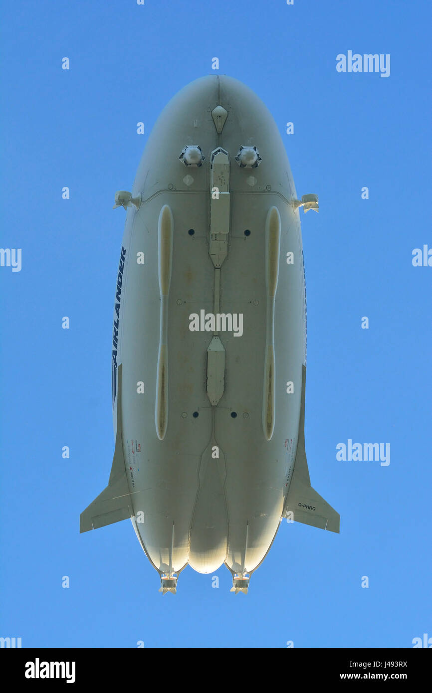 Bedfordshire UK, 10th May 2017. The Worlds largest Airship, the AIRLANDER 10  takes off successfully at 17:25 and carries out a test flight over Bedfordshire practicing manouvers and touch landings for over 2 hours. and made it's final landing at 20:17 just before sunsett at Cardington Airfield in Bedfordshire, England UK. Stock Photo
