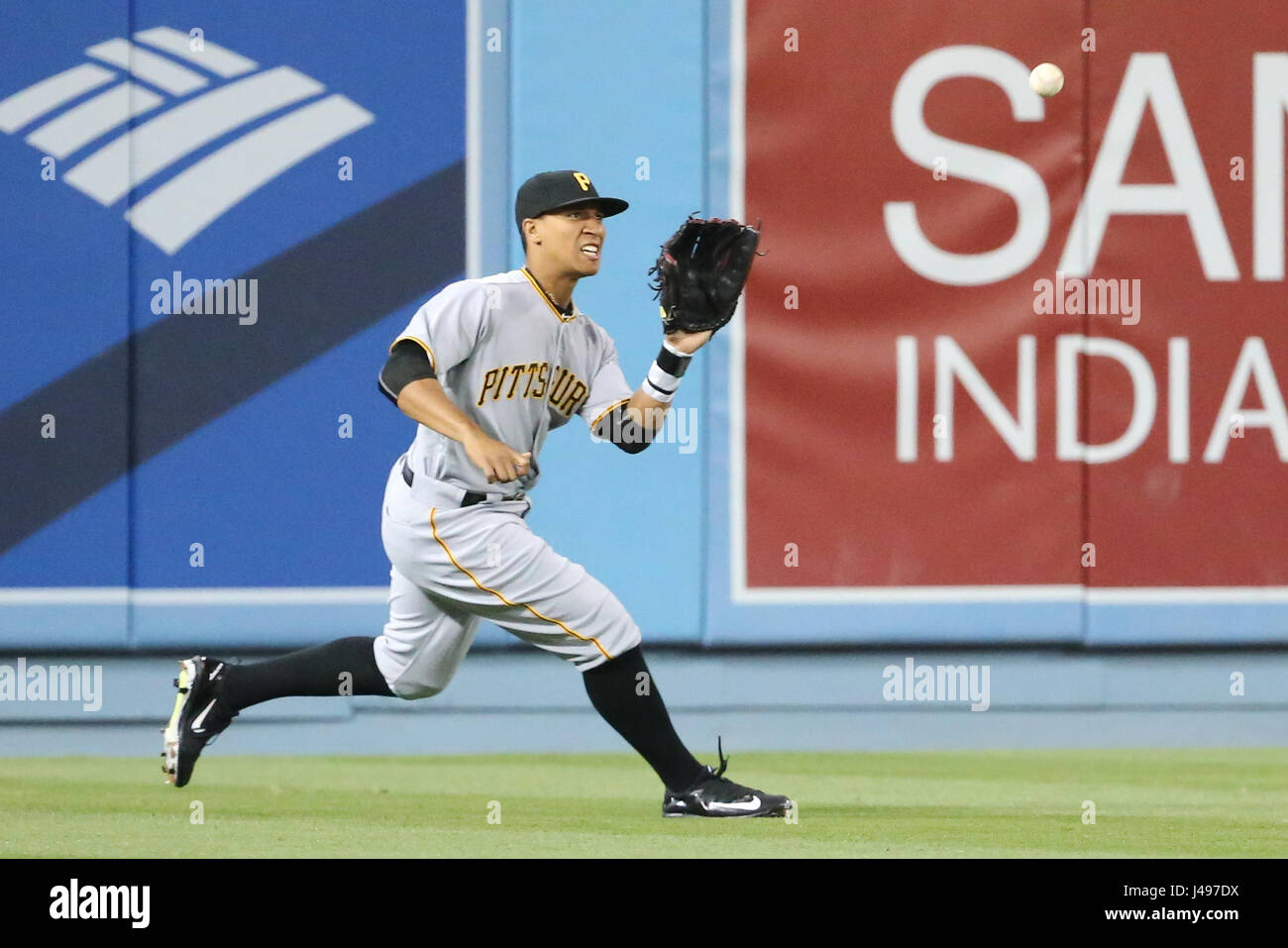 Los Angeles, CA, USA. 9th May, 2017. Pittsburgh Pirates left fielder Chris Bostick #63 a running catch in left field makes a running catch in the game between the Pittsburg Pirates and the Los Angeles Dodgers, Dodger Stadium in Los Angeles, CA. Credit: csm/Alamy Live News Stock Photo