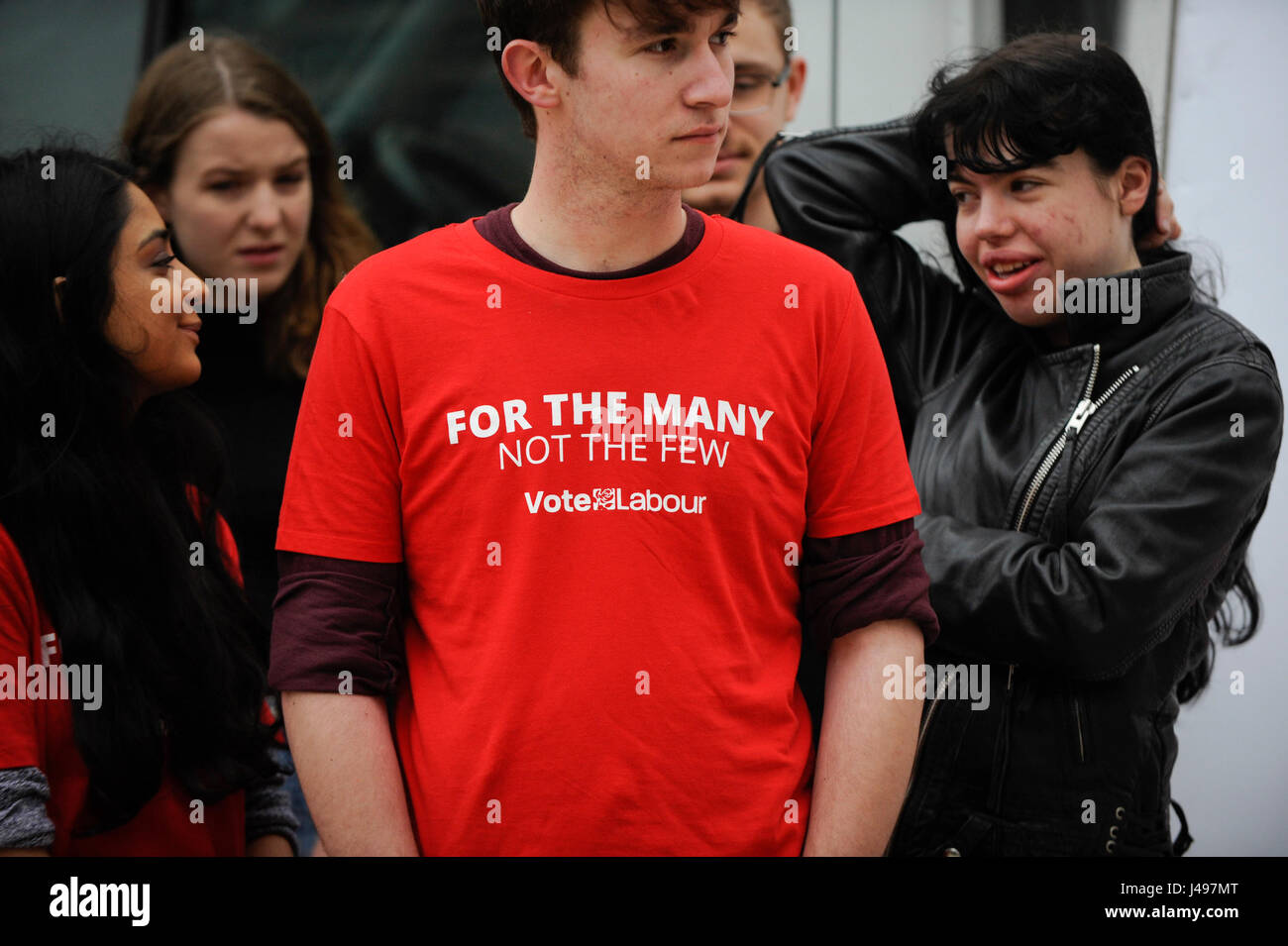London, UK.  11 May 2017.  Labour support staff wear campaign T shirts at the unveiling of a new campaign poster for Labour’s General Election campaign at a press call on the South Bank.   Credit: Stephen Chung / Alamy Live News Stock Photo