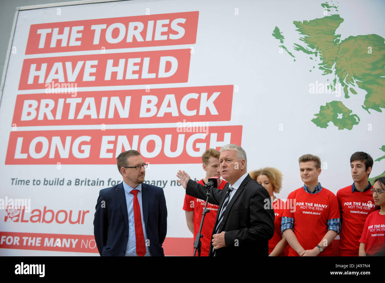 London, UK.  11 May 2017.  (L to R) Andrew Gwynne MP, National Elections and Campaigns Co-ordinator and Ian Lavery MP, National Elections and Campaigns Co-ordinator, unveil a new campaign poster for Labour’s General Election campaign at a press call on the South Bank.  Jeremy Corbyn, Leader of the Labour Party, was scheduled to speak, but was called away on other business.   Credit: Stephen Chung / Alamy Live News Stock Photo