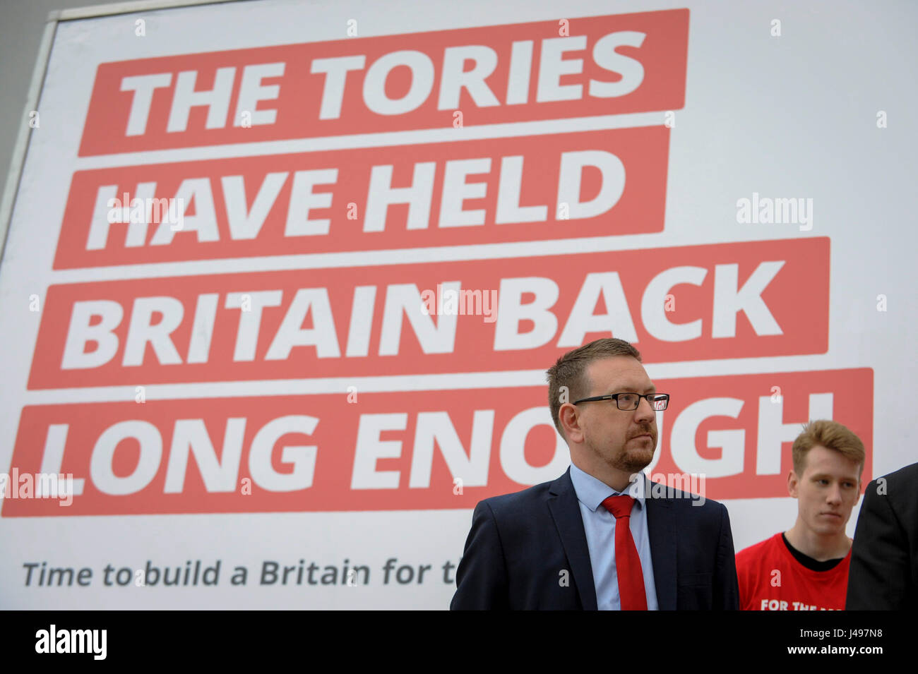 London, UK.  11 May 2017. Andrew Gwynne MP, National Elections and Campaigns Co-ordinator at the unveiling of a new campaign poster for Labour’s General Election campaign at a press call on the South Bank.  Jeremy Corbyn, Leader of the Labour Party, was scheduled to speak, but was called away on other business.   Credit: Stephen Chung / Alamy Live News Stock Photo