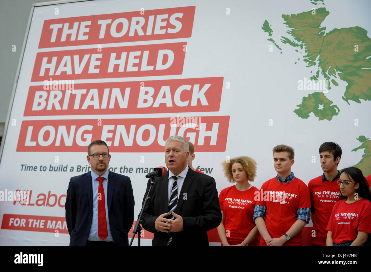 London, UK.  11 May 2017.  (L to R) Andrew Gwynne MP, National Elections and Campaigns Co-ordinator and Ian Lavery MP, National Elections and Campaigns Co-ordinator, unveil a new campaign poster for Labour’s General Election campaign at a press call on the South Bank.  Jeremy Corbyn, Leader of the Labour Party, was scheduled to speak, but was called away on other business.   Credit: Stephen Chung / Alamy Live News Stock Photo