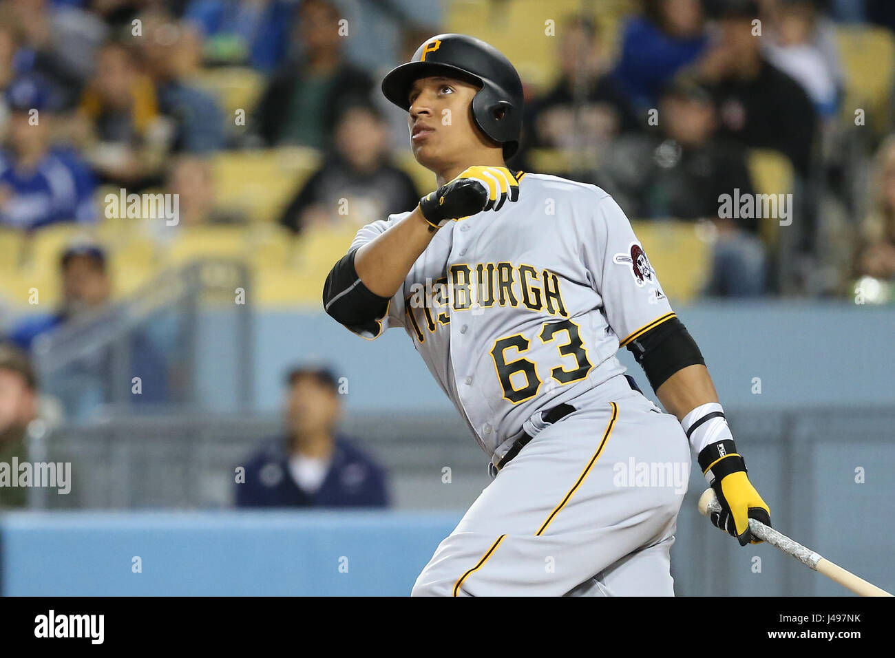 Los Angeles, CA, USA. 9th May, 2017. Pittsburgh Pirates left fielder Chris Bostick #63 watches a deep shot sail just foul in the game between the Pittsburg Pirates and the Los Angeles Dodgers, Dodger Stadium in Los Angeles, CA. Credit: csm/Alamy Live News Stock Photo