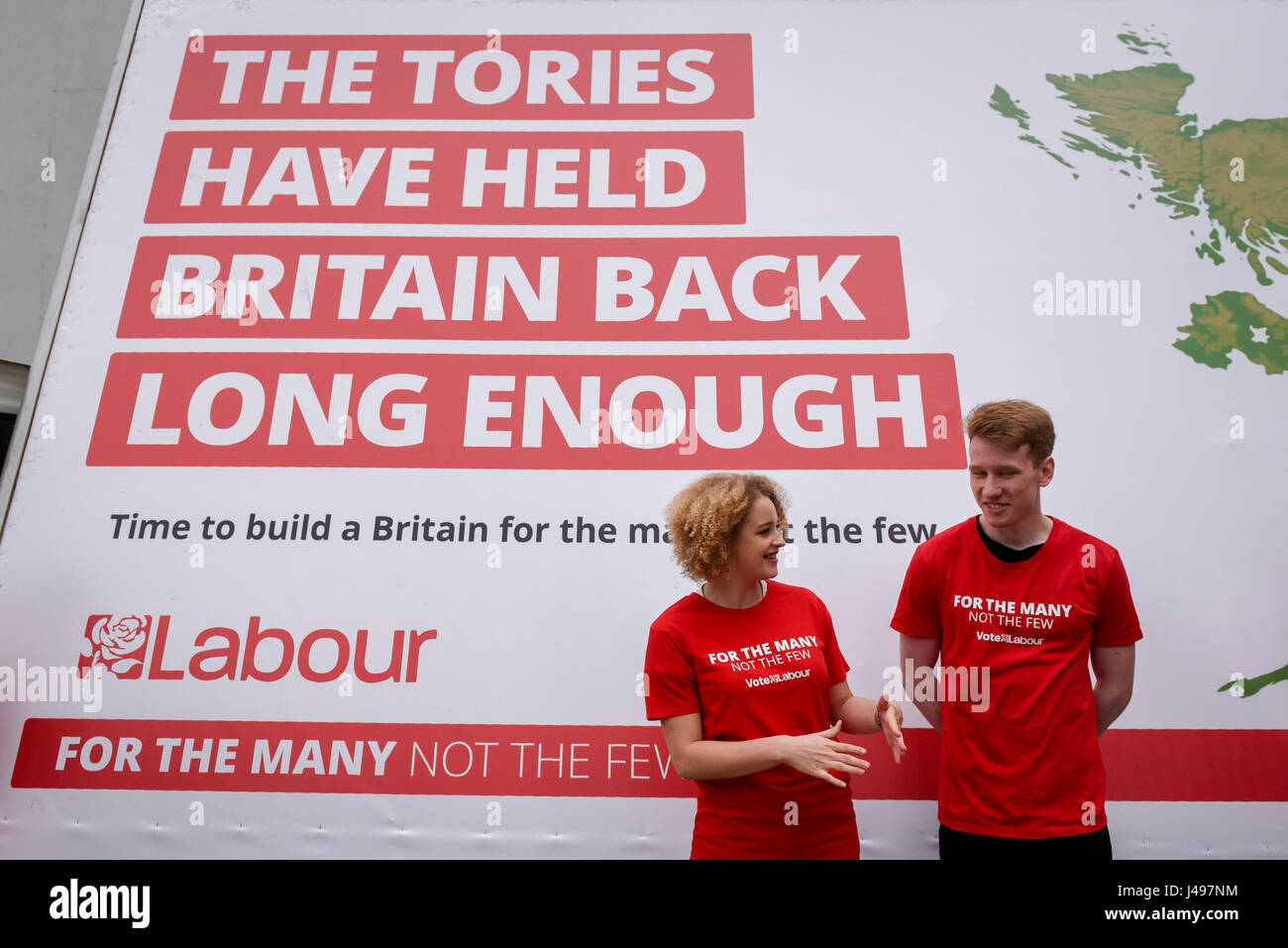 London, UK.  11 May 2017.  Labour support staff wear campaign T shirts at the unveiling of a new campaign poster for Labour’s General Election campaign at a press call on the South Bank.   Credit: Stephen Chung / Alamy Live News Stock Photo
