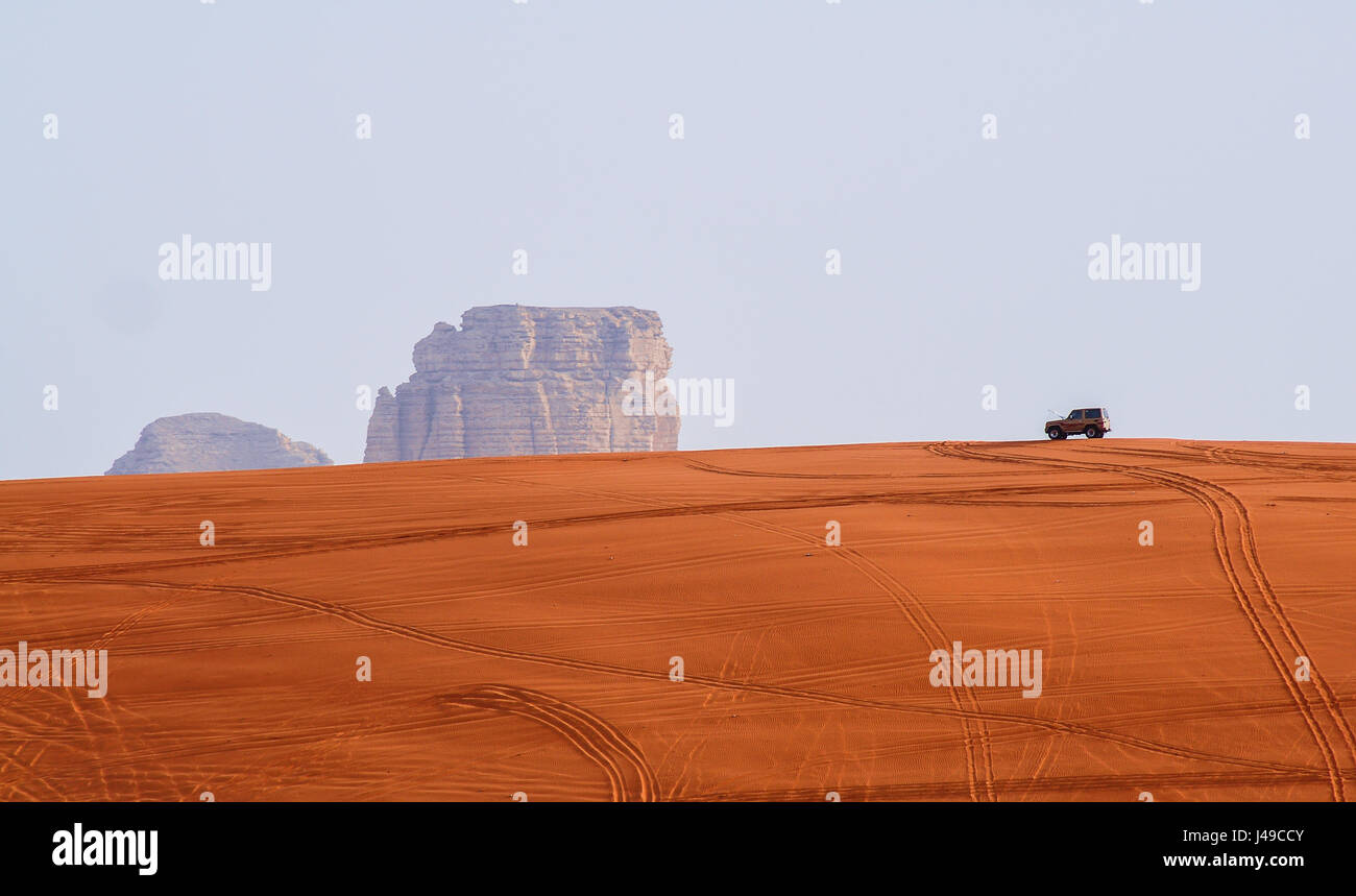 Desert, Mountain and Car Stock Photo