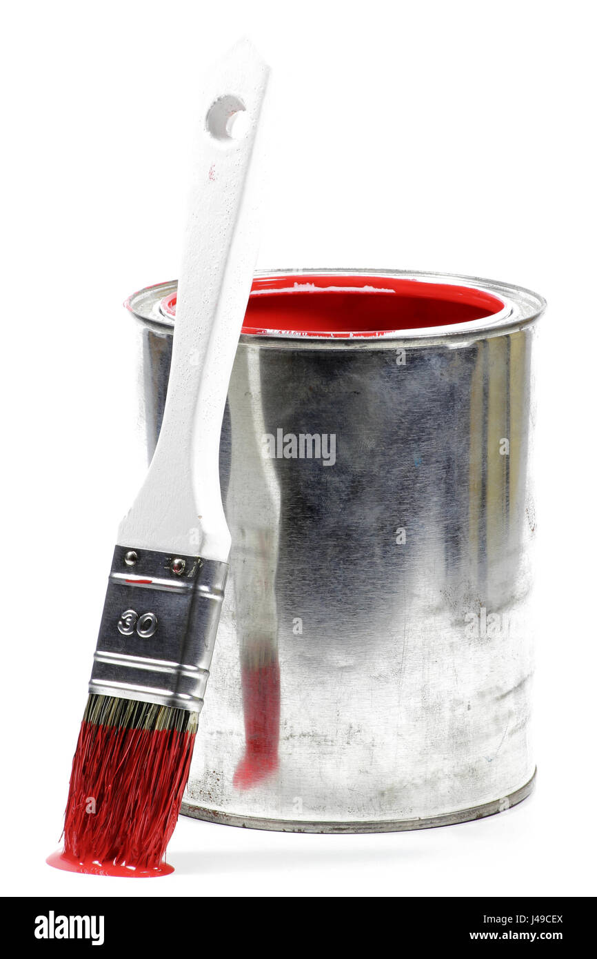 bucket with red color paint and brush isolated on white background Stock Photo
