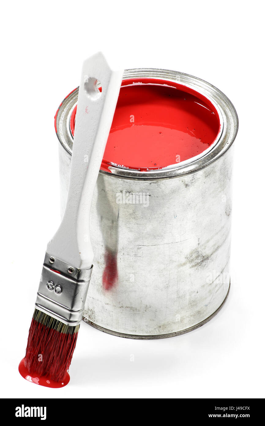 bucket with red color paint and brush isolated on white background Stock Photo