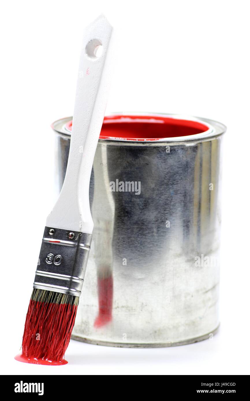 bucket with red color paint and brush isolated on white background Stock Photo