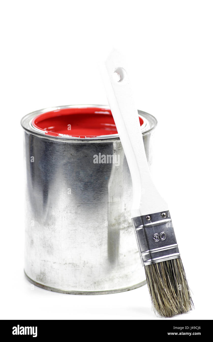 bucket with red color paint and brush isolated on white background Stock Photo